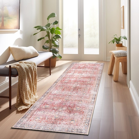 World Rug Gallery Vintage Inspired Machine Washable Non Slip Runner Rug 2 ft 6 in x 12 ft Red 6029RED26X12
