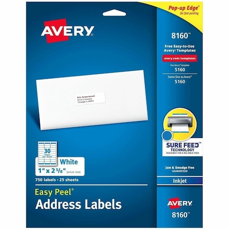 Avery Easy Peel Inkjet Address Labels, 1 x 2-5/8, White, 750/Pack 8160