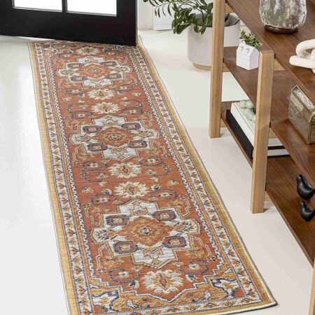 Jonathan Y Bijan Traditional Vintage Medallion Reversible Washable Terra/Blue/Cream 2ft x 8ft Runner Rug SVH107A-28