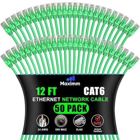 Maximm Cat6 Ethernet Cable 12ft 10Gbps 550MHz UTP, 50PK, Green, 50PK CAT6CCA-12GN-50PK