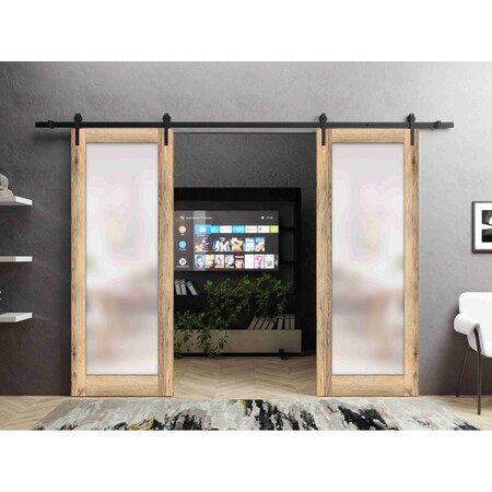Sartodoors Sturdy Double Barn Door with Frosted Glass Planum 2102 Oak 60x84 (2* 30x84) Solid Core PLANUM2102DB-DUB-6084