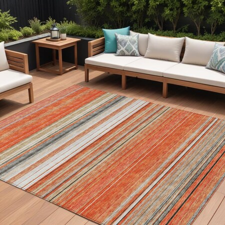 Homeroots 9' X 12' Coral Ivory And Gray Striped Washable Indoor Outdoor Area Rug 614807