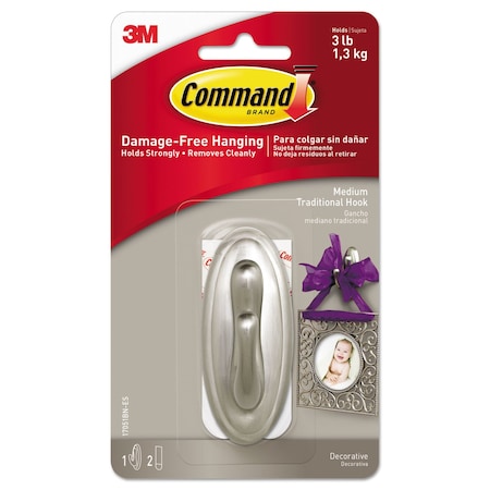 Command Decorative Hooks, Traditional, Medium, Plastic, Brushed Nickel, 3 lb Capacity, 1 Hook and 2 Strips 17051BN