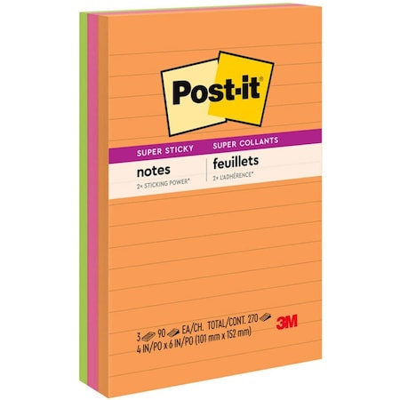 Post-It Pads in Energy Boost Collection Colors, Note Ruled, 4" x 6", 90 Sheets/Pad, PK3 660-3SSUC
