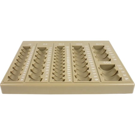 Controltek 6-Denomination Self Counting Loose Coin Tray, 6 Coin Compartment(s), Tan, Plastic 500023