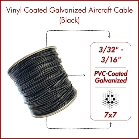 Laureola Industries 3/32 in.-3/16 in. Vinyl Coated Black Opaque Galvanized Cable 7x7 Strand Wire Rope, 50 ft ZAG332316-77-GPB-50