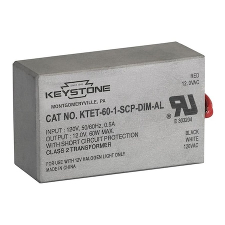 Keystone 60W Low Voltage Halogen Transformer, 120V input, 12V output, Class 2. KTET-60-1-SCP-DIM-AL-DP
