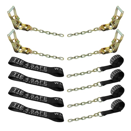 Tie 4 Safe 8 Point Roll Back Tie Down Kit w/ Chain Ends for Car Hauler Carrier Tow Truck. Black RT04CK-715-516-8P-14-BLK