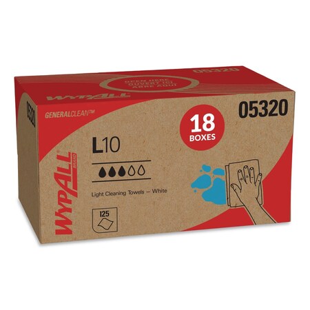 Wypall L10 Towels, POP-UP Box, 1-Ply, 9 x 10.5, White, 125 Towels, 18PK 05320