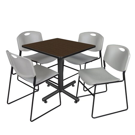 Regency Square Kobe Breakroom Table W/ 4 Zeng Stack Chairs, 30 in W, 30 in L, Neo Walnut TKB3030NW44GY