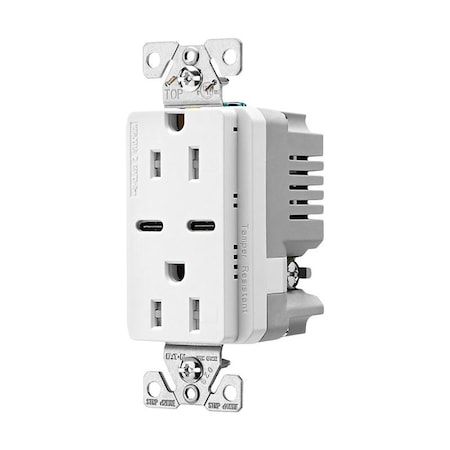 Eaton Wiring Devices Combination USB Receptacle, 2-Pole, 15 A, 125 V, 2-USB Port, Type C USB, NEMA: NEMA 5-15R, White TRUSBC15W-KB-L