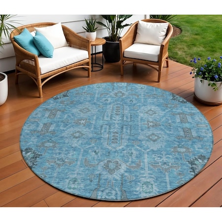 Homeroots 8' Sky Blue And Gray Round Oriental Washable Indoor Outdoor Area Rug 582064