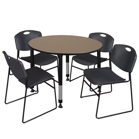 Regency Round Kee Adjustable Classroom Table W/ 4 Zeng Stack Chairs, 48 in W, 48 in L, Noble Oak TB48RNDNOAPBK44BK
