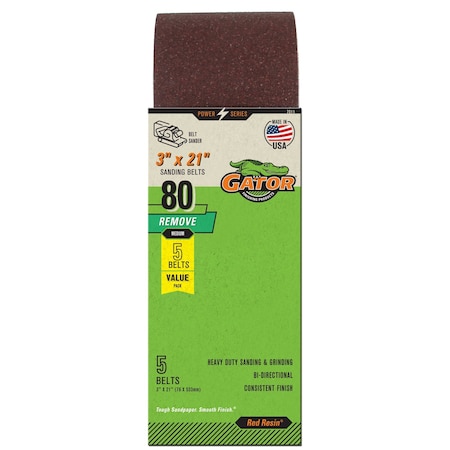 Gator Finishing Red Resin 3 x 21 in. Sanding Belt, 80 Grit, Medium, 5PK 7011GA
