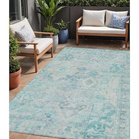5' X 8' Teal Blue And Pink Floral Medallion Washable Indoor Outdoor Area Rug