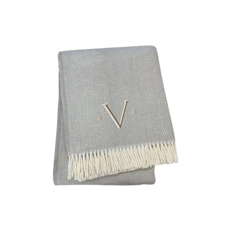 Homeroots 55" X 70" Gray White Herringbone Cotton Blend V Initial Throw Blanket with Tassels Embroidery 655545