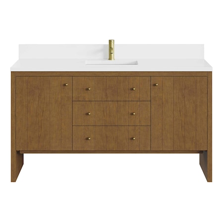 James Martin Vanities Hudson 60" Sgl Vanity, Honey Oak w/ Sgl Hole 3 CM White Zeus Silestone Top and Matching Backsplash 435-V60S-HNO-1WZ