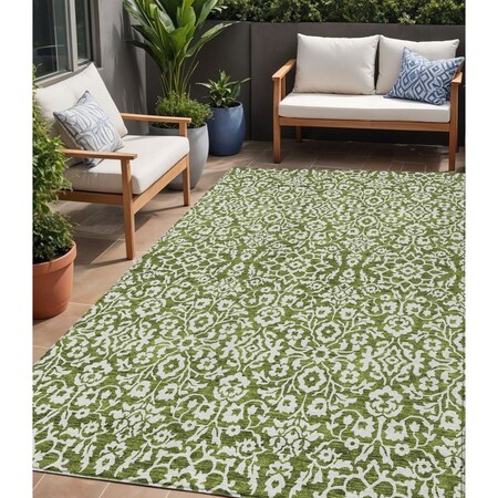 Homeroots 5' X 8' Olive Green And Ivory Damask Washable Indoor Outdoor Area Rug 595176