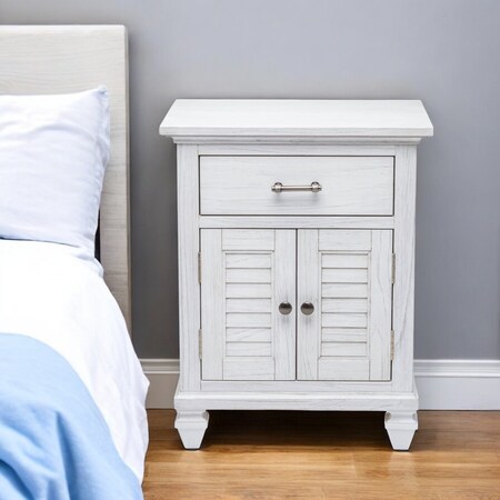 Homeroots 28" White Solid Wood Distressed Plantation Shutter One Drawer Nightstand With USB Port 571346