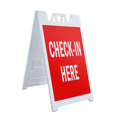 Signmission Check-in Here, A-Frame & 2 Decals Installed, Heavy-Duty Plastic Frame SBHD-D-2436-Check-in Here
