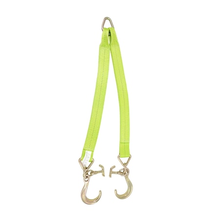 Mytee Products V Bridle Tow Strap 3in x 36in w/8in J Hooks, T-J Hooks, Hi VIZ/High Abrasion Green Webbing VStrap0336MJ-TJ