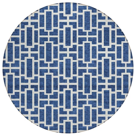 Homeroots 8' Navy Blue And Ivory Round Geometric Washable Indoor Outdoor Area Rug 594859