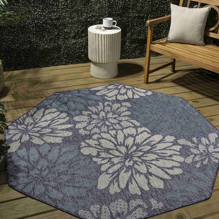 Jonathan Y Zinnia Modern Floral Textured Weave Navy/Aqua 8 ft Octagon Indoor/Outdoor Area Rug SMB110C-8TGN
