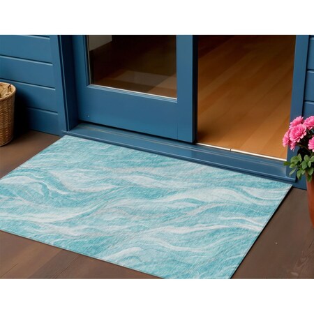 Homeroots 3' X 5' Teal Blue Aqua And Ivory Abstract Washable Indoor Outdoor Area Rug 582998