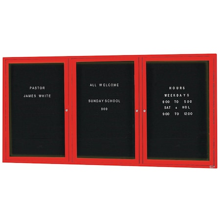 Aarco Illuminated Enclosed Letter Board Directory w/ Powder Coated Red Al Frame, 36''Hx72''W 3 Doors ADC3672-3IR