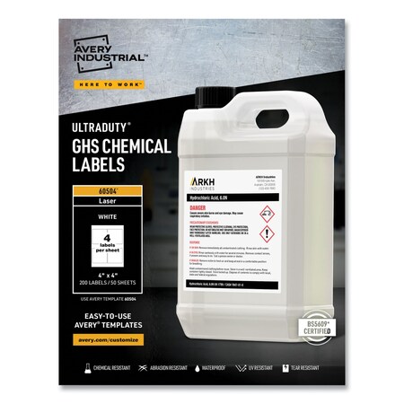 Avery UltraDuty Chemical Waterproof and UV Resistant Labels, 4x4, Wht, PK200 60504