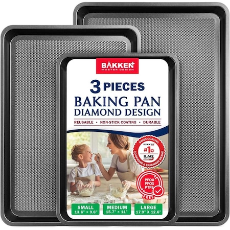 Bakken- Swiss BAKKEN Kitchen Nonstick Cookie Pans, Set of 3, S/M/L, PFOA-Free, Oven Safe, 450 DegF, Gray BKDD3P33