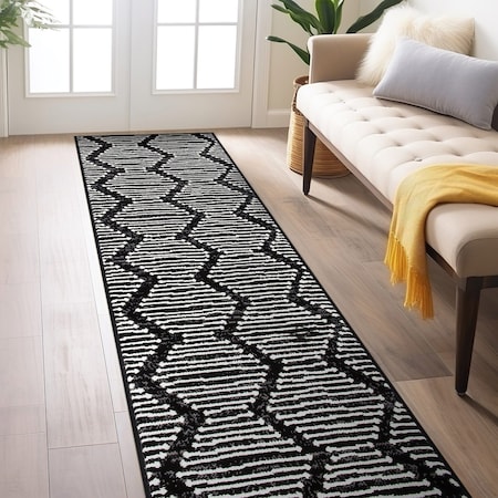 World Rug Gallery Boho Stripe Design Runner Rug 2 ft x 7 ft Black 3019BLACK2X7