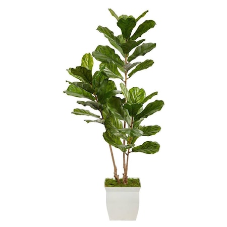 Dare2Decor 5.5 ft. Fiddle Leaf Artificial Tree with Metal Planter UV Resistant, White DA3081292