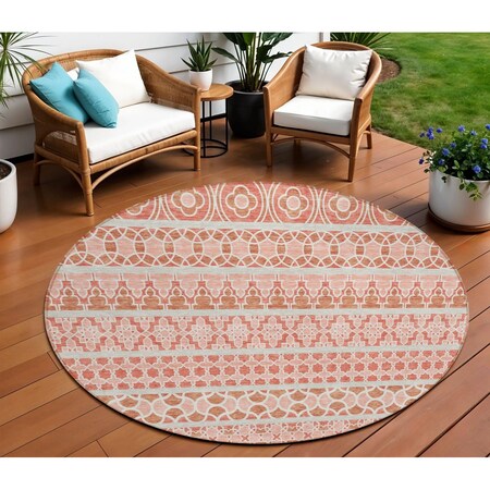 Homeroots 8' Salmon Beige And Copper Round Quatrefoil Washable Indoor Outdoor Area Rug 583248