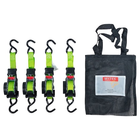 Mytee Products 1inx12ft Retractable Tie-down Straps W/ S-Hook - 4 Ratchet Straps Kit, Green RS112R-FG4PK