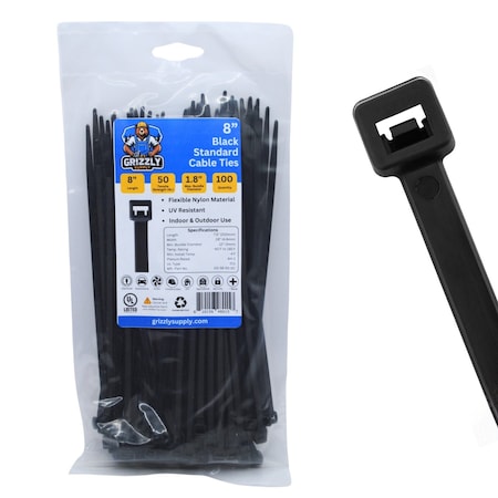 Grizzly Supply Cable Tie, 8 in L, 50 lb Strength, 2.2 in Max Bundle Dia, Nylon 6/6, UV Resistant, Black, 100PK GS-S8-50-0C