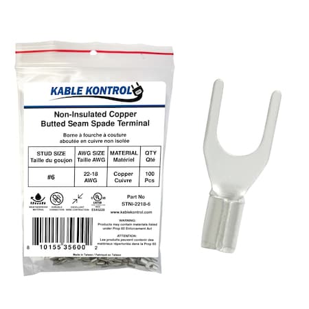 Kable Kontrol Non Insulated Copper Butted Seam Spade Terminal, 22-18 AWG, Stud Size # 6, 100 Pcs, 100PK STNI-2218-6