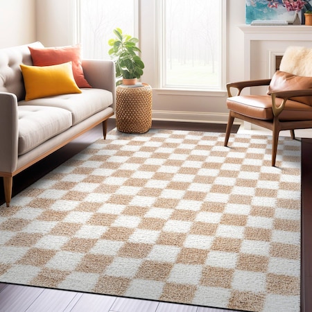 World Rug Gallery Beige Block Shag Area Rug 5 ft x 7 ft Beige WR118BEIGE5X7