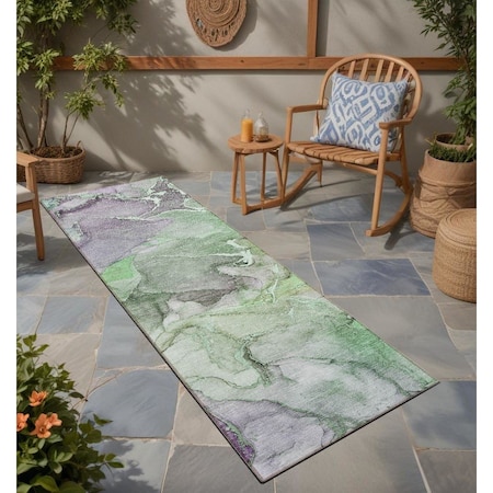 Homeroots 8' Runner Green Abstract Washable Non Skid Indoor Outdoor Runner Rug 559178