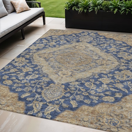 Homeroots 5' X 8' Navy Blue Beige And Brown Oriental Washable Indoor Outdoor Area Rug 605254
