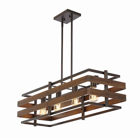 Jonathan Y Horizon 34" 4-Light Rustic Farmhouse Iron Linear LED Pendant, Wood Finished/Oil Rubbed Bronze JYL1306A