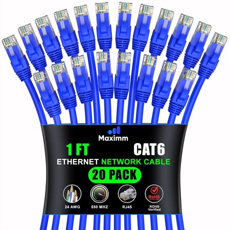 Maximm Cat6 Ethernet Cable 1ft 10Gbps 550MHz UTP, 20PK, Blue, 20PK BL20PK02