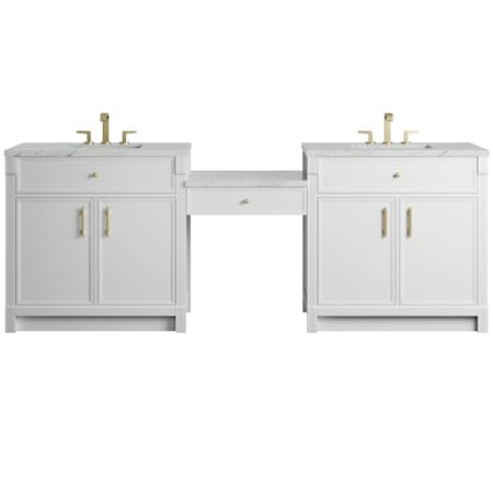 James Martin Vanities Bellshire 96" Dual Vanity Set w/24" Make-Up Counter, Bright White w/3 cm Ethereal Noctis Silestone T 660-VMC96-BW-3ENC