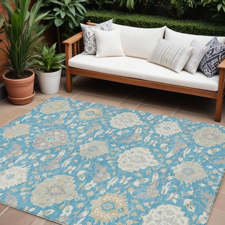 Homeroots 10' X 14' Teal Blue Gray And Ivory Damask Washable Indoor Outdoor Area Rug 599459