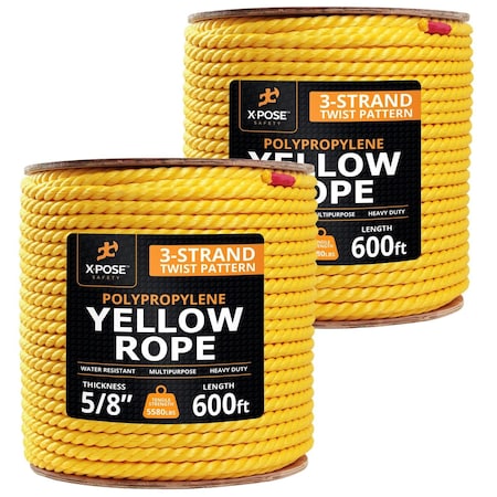 Xpose Safety 5/8in x 600 ft Twisted Polypropylene Rope, Yellow, 2PK YPR58-600-2-X