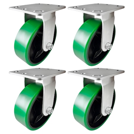 Hyw Products Heavy Duty Caster Set 6in Green Polyurethane on Cast Iron Wheels, 4 Rigid, 4PK 40-60R-A1-PC-4 (G)