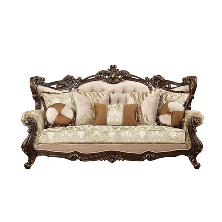 Homeroots 42" Beige Polyester Blend Curved Damask Sofa And Toss Pillows With Brown Legs 348225