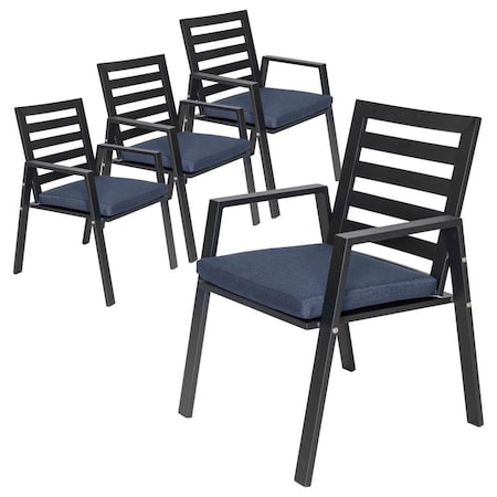 Leisuremod Chelsea Modern Patio Dining Armchair in Aluminum with Removable Cushions, Charcoal Blue, 4PK CC20BL-CBU4