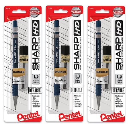 Pentel Sharp HD Mechanical Pencil (1.3mm), Dark Blue Barrel, (1) Super Hi-Polymer Lead Refill, 3PK AM13LBP