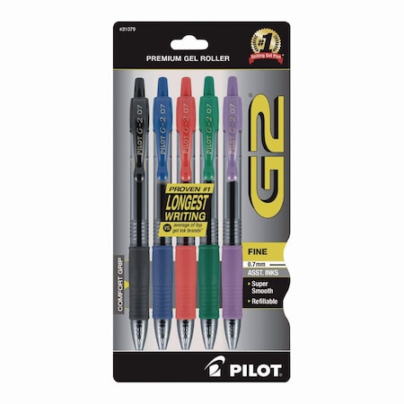 Pilot G2 Premium Gel Pen, Retractable, Fine 0.7 mm, Assorted Ink and Barrel Colors, 5PK 31079
